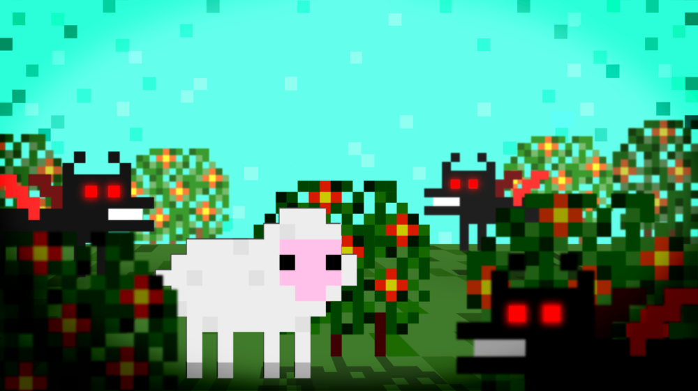 Start screen of EWEXORCISM game, a sheep surrounded by demons