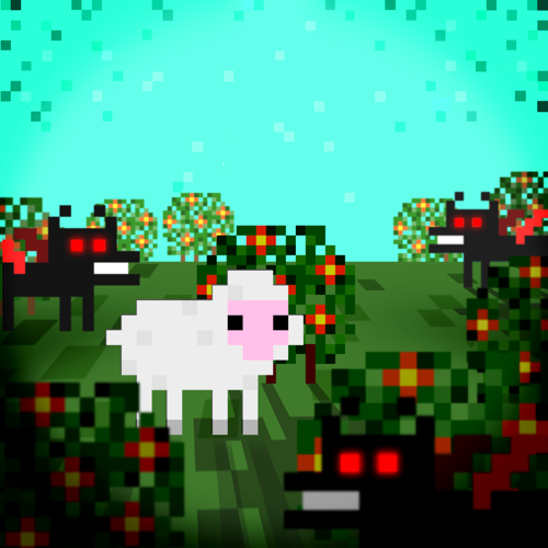 Start screen of EWEXORCISM game, a sheep surrounded by demons